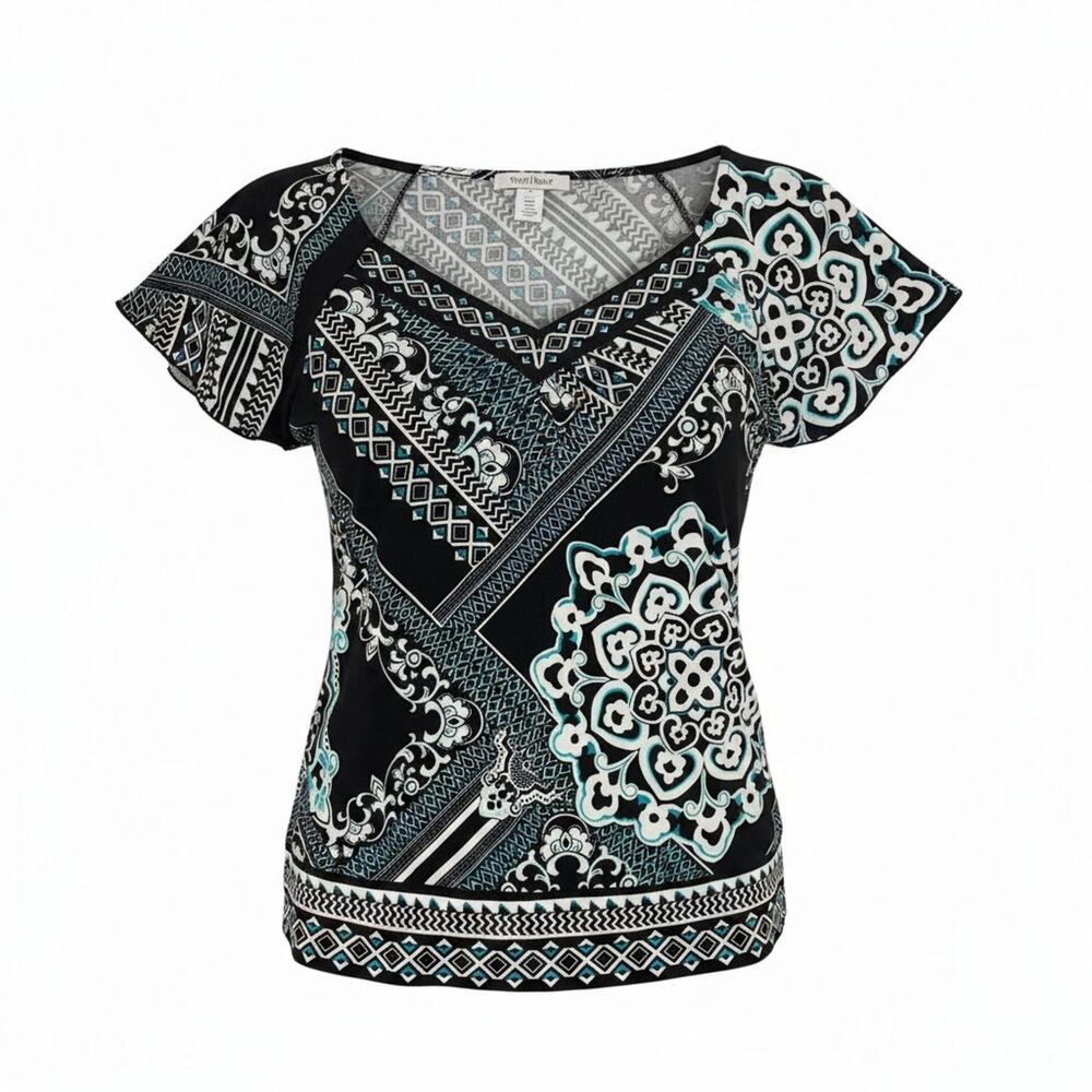 WHBM Sz M Spandex Knit Pullover Top V-Neck Flutter Sleeves Mixed Prints B&W Aqua